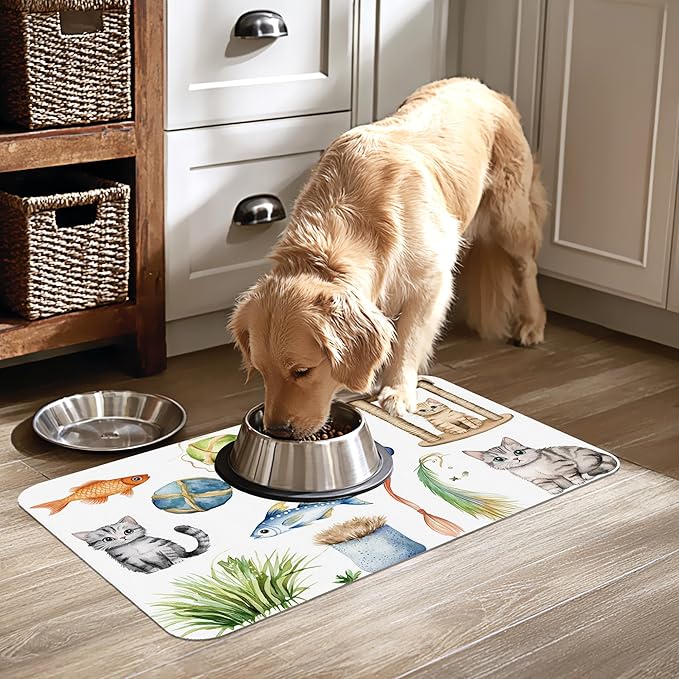 Cat Fun Dog Food Mat-Absorbent Pet Feeding Mat for Food and Water Bowl, Quick Dry Dog Placemat with Rubber Backing-No Stains Pet Supplies for Messy Drinkers 16"x24"
