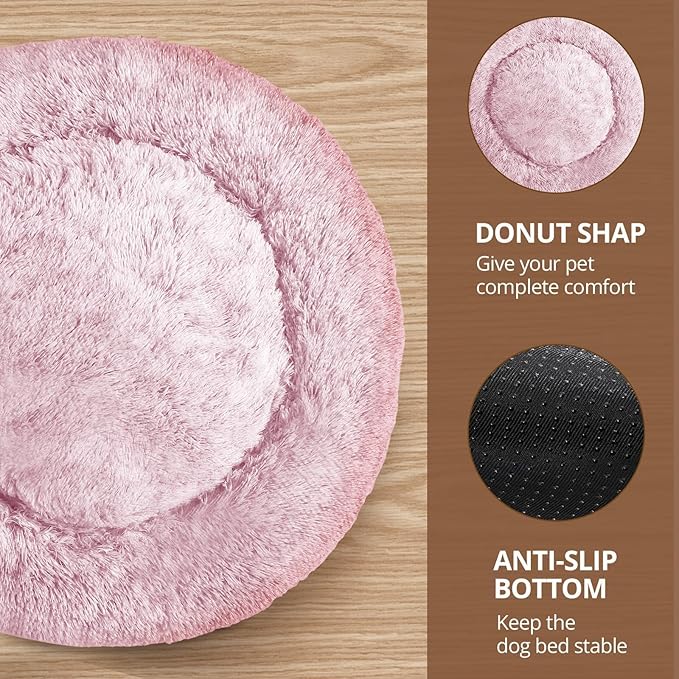 JOLLYVOGUE Large Calming Dog Bed, Anti-Anxiety Donut Cuddler Cat Bed with Anti-Slip Bottom, Fluffy Faux Fur Machine Washable Pet Cushion for Medium Large Dog & Cat, 36"/Smoke Pink
