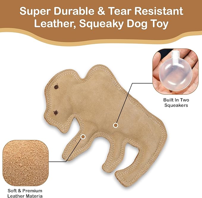 SPOT Dura-Fused Leather Buffalo Dog Toy – Durable Real Leather & Jute Chew Toy with Squeaker, Double-Stitched for Moderate Chewers, Medium & Large Dogs, 11.5in