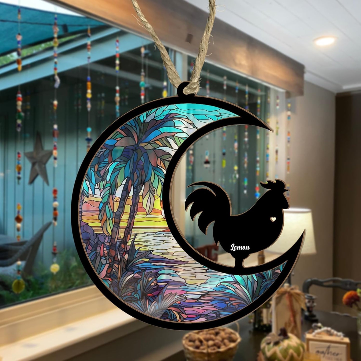 Personalized Moon Sign Chicken Suncatcher - Memorial Hanging Door, Loss of Pet Sympathy Keepsake