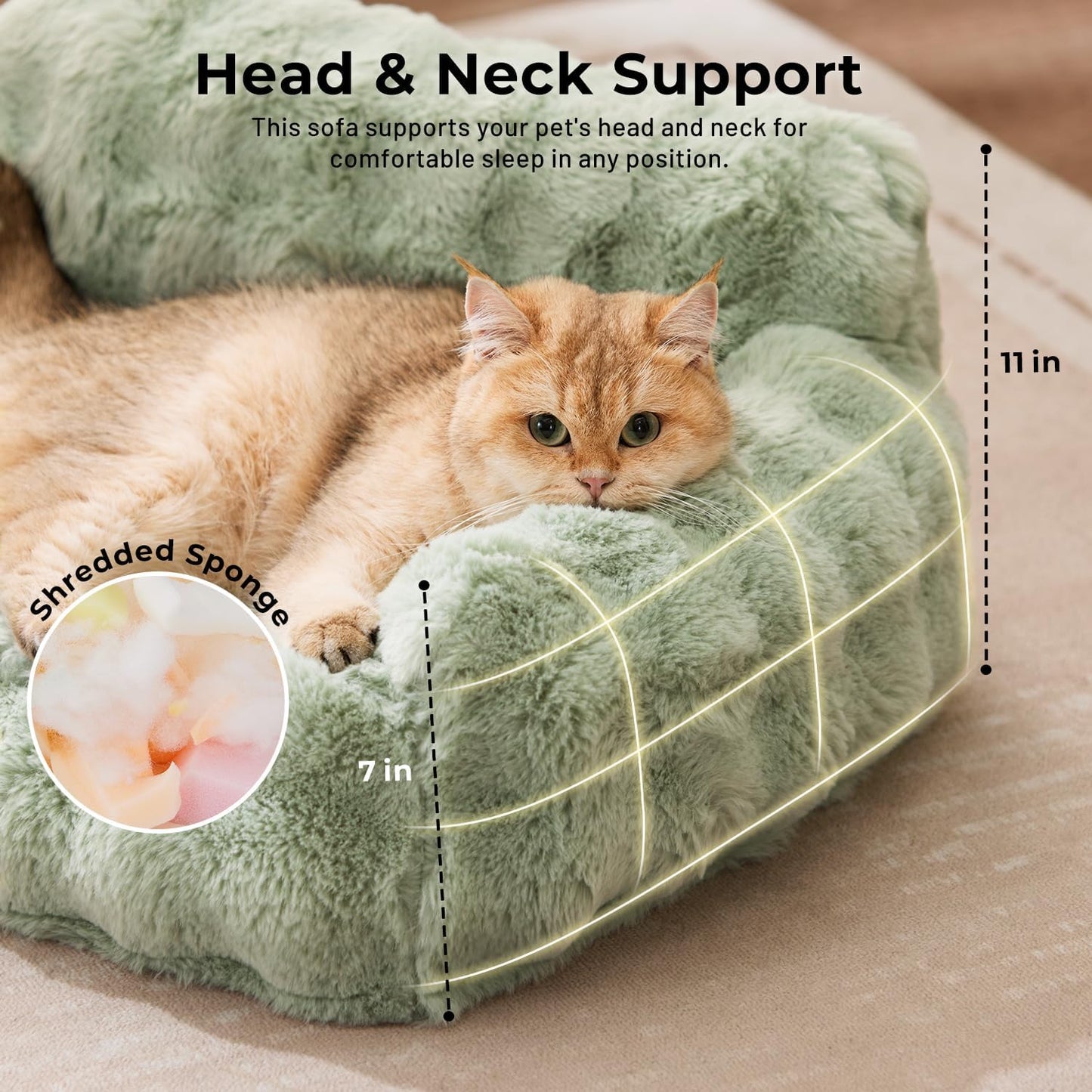 Orthopedic Cat Couch Bed for Indoor Cats, Cute Small Dog Sofa with Supportive Egg Foam, Fluffy Faux Fur Removable Washable Cover and Non-Slip Bottom, Sage Green