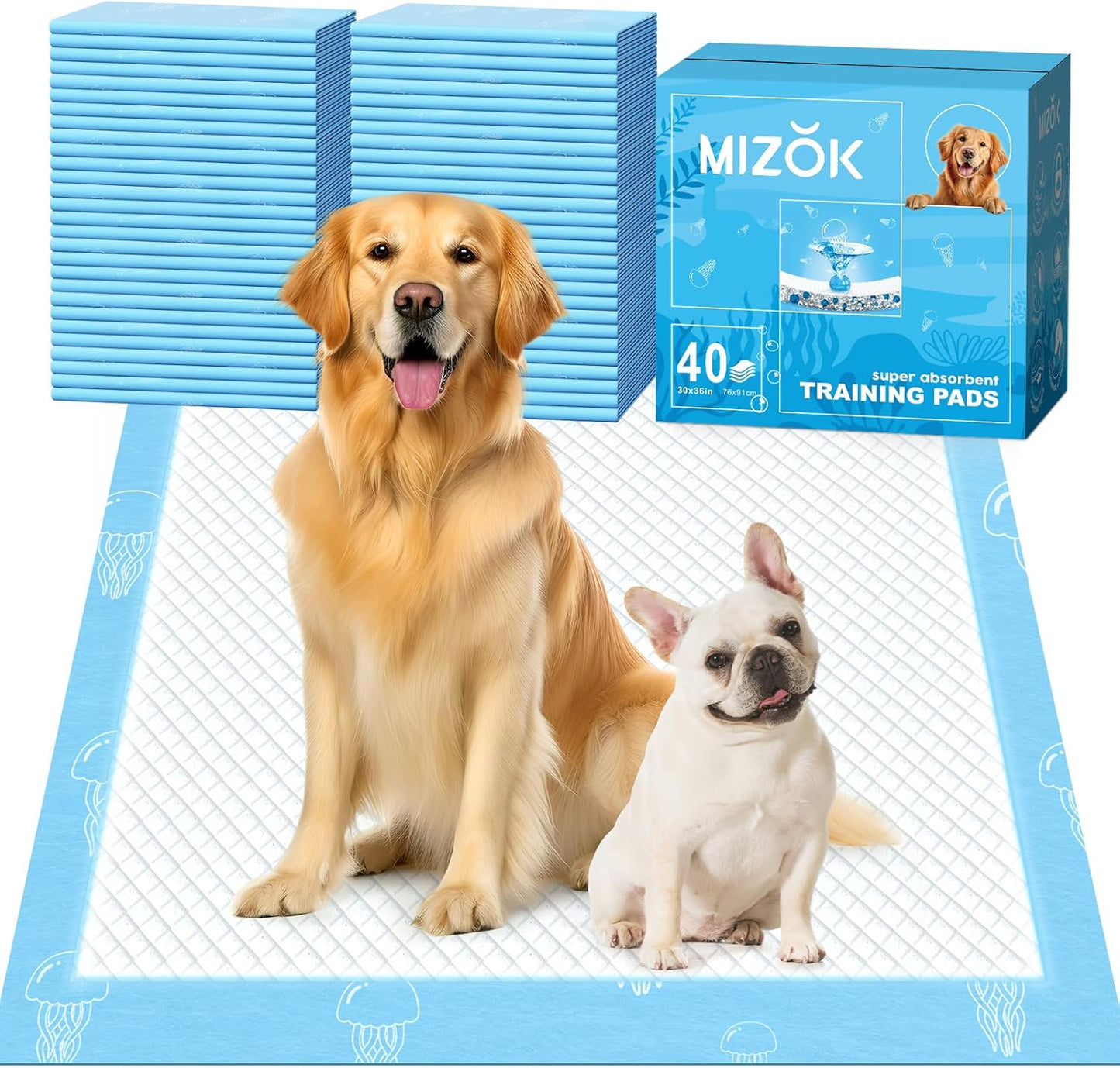 MIZOK Dog Pads Extra Large 30x36in Puppy Pads XL Super Absorbent, Potty Pads with 6-Layer Leak-Proof and Quick-Dry Surface, Wee Wee Pads for Dogs Scented with Jellyfish Pattern(40 Counts)