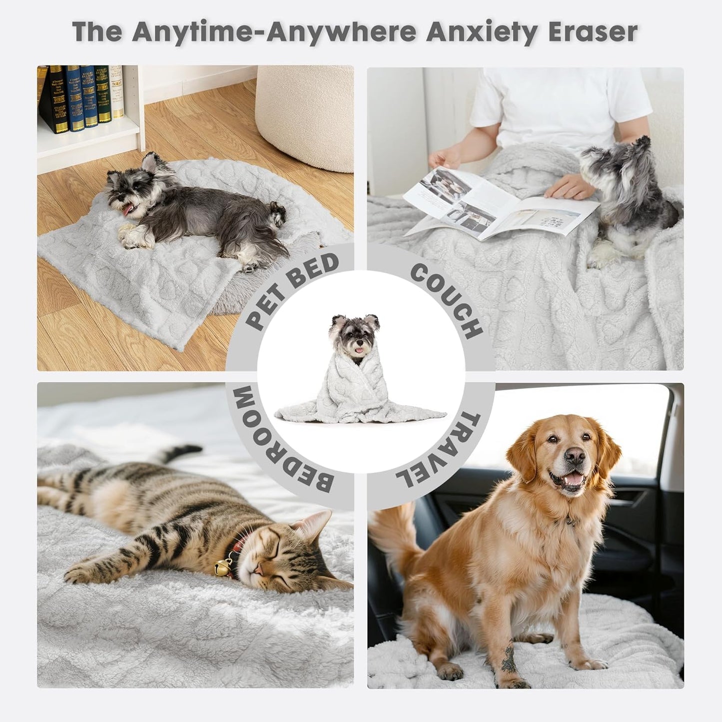 gogobunny Calming Plush Dog Cat Blanket 300GSM Coral Fleece, Ultra-Soft Machine Washable Pet Bedding for Small Medium Dogs Cats Puppies Kittens (Silver, 60x80)