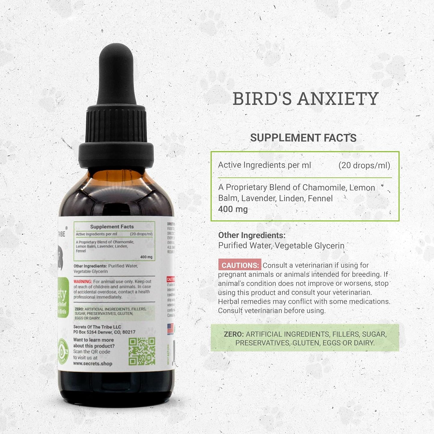 Birds Anxiety | Natural Herbal Dietary Pet Supplement for Birds | Support Stress Relief | Alcohol-Free Extract, Chamomile, Lemon Balm, Lavender, Linden, Fennel 2 oz