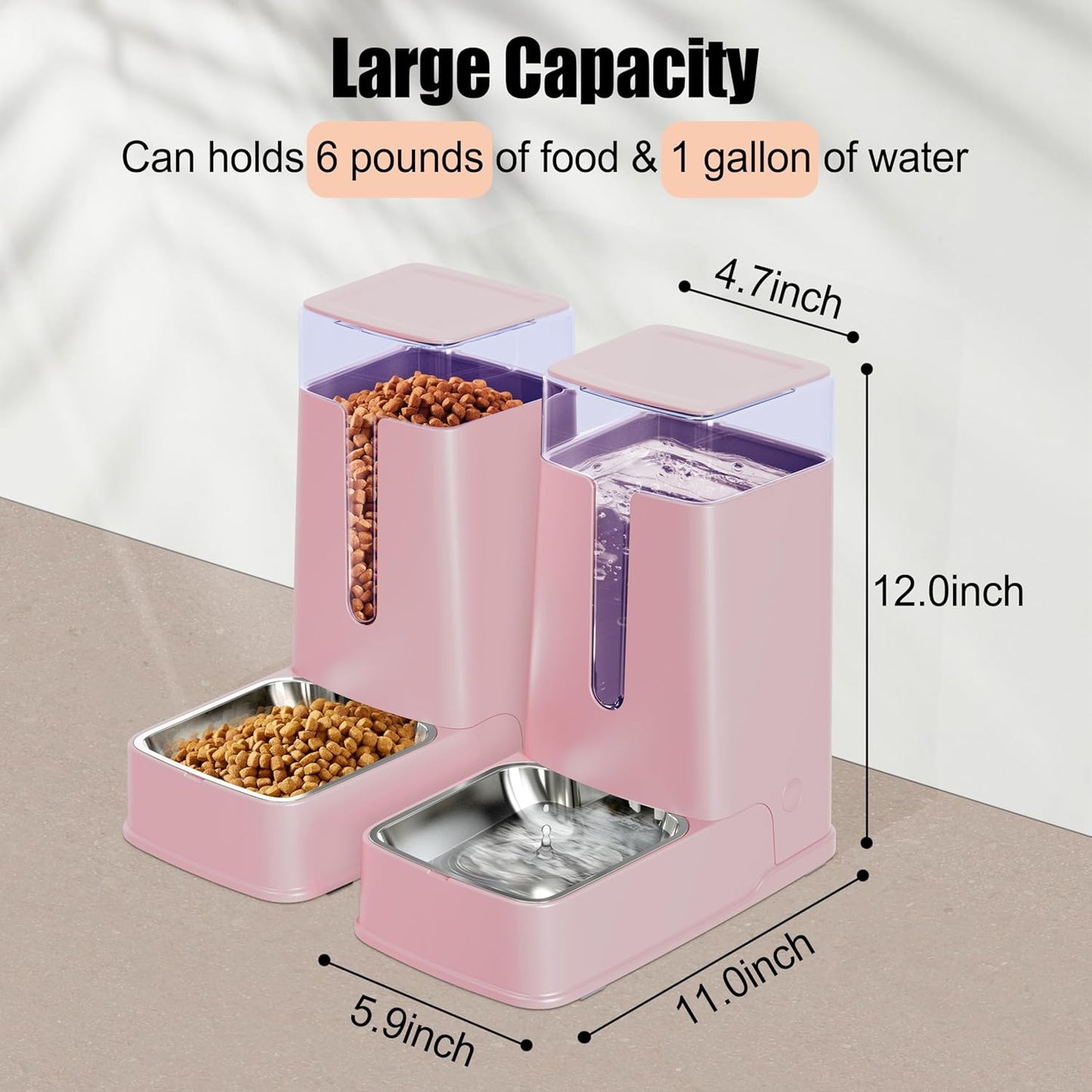 Automatic Cat Feeder and Cat Water Dispenser Set with Stainless Steel Bowls Gravity Dog Feeder for Small Medium Big Dog Pets Puppy Kitten, 3.8L x 2 (Pink)