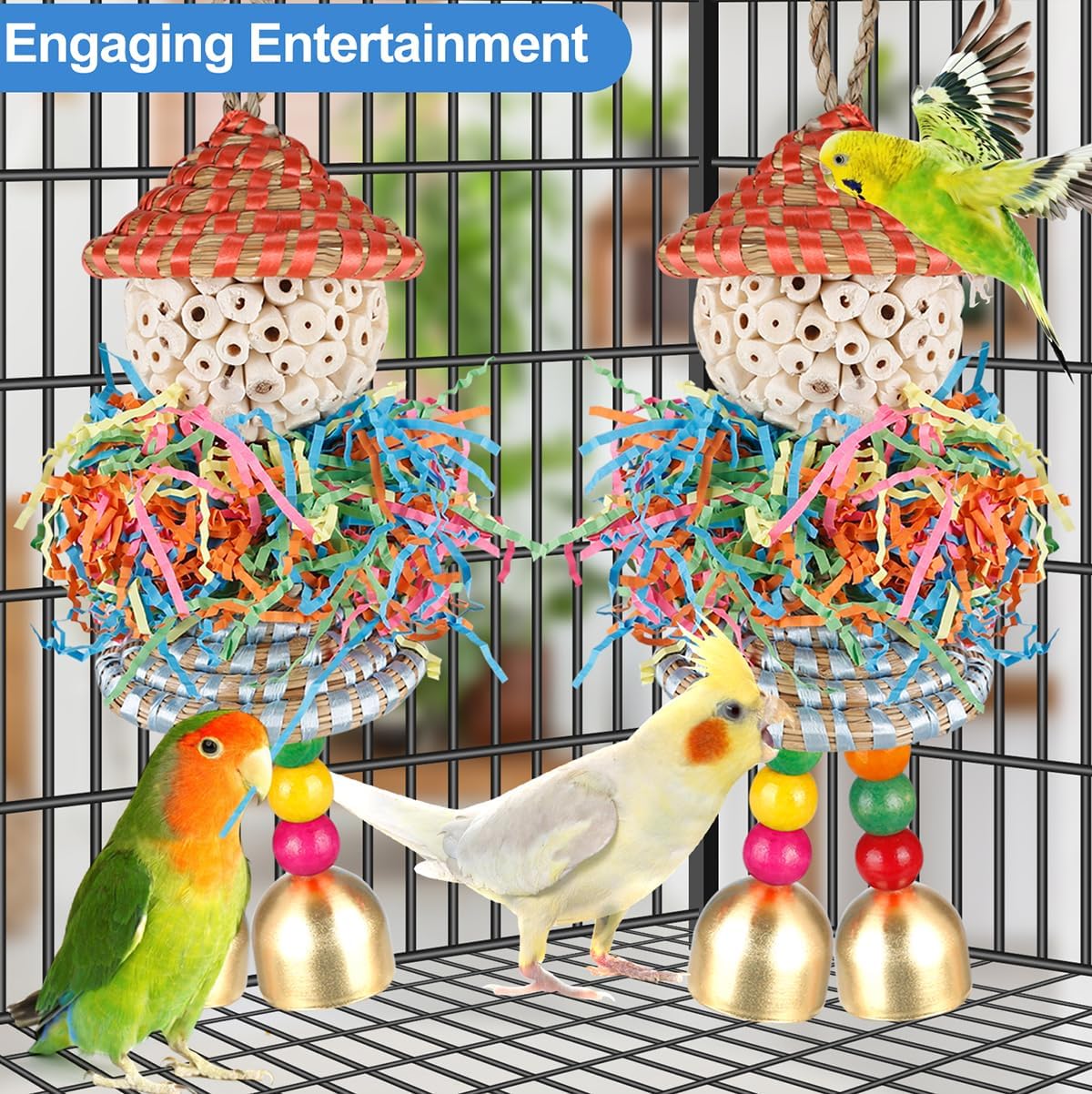 2PCS Bird Toys Parrot Foraging Shredder Hanging Toys Sola Balls with Bell for Small Parrots Parakeets Cockatiel Conures Love Birds Budgie Cage Toy