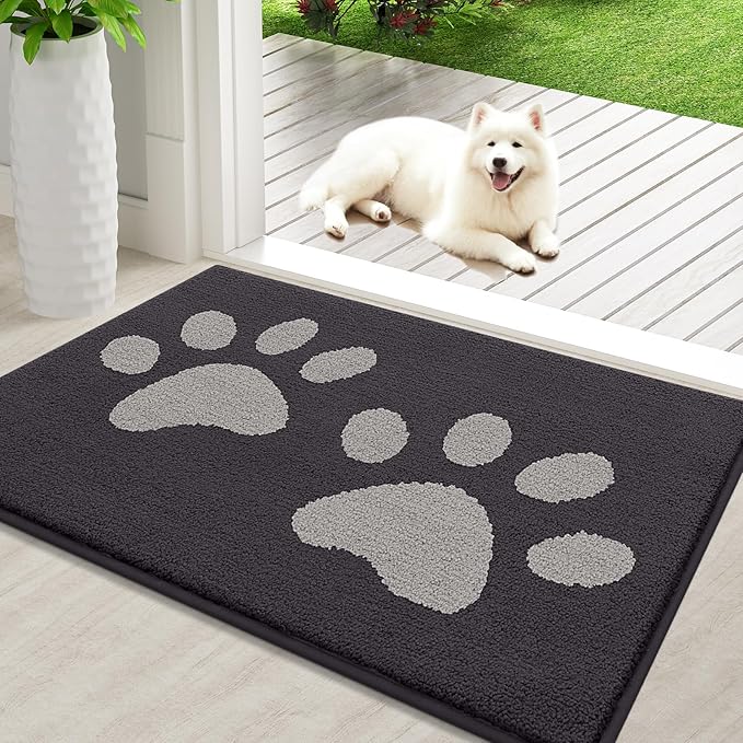 Buganda Dog Door Mat for Muddy Paws, Absorbent Dirt Trapper Washable Indoor Doormats, Non Slip Low-Profile Mud Mat for Dogs, Front Entrance Doormat for Inside Floor (36x24 Inches, Dark Grey)