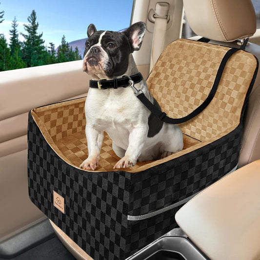 Dog Car Seat for Small and Medium Dogs Up to 35 lbs –Memory Foam Dog Booster Seat with Safety Leash & Storage Pockets, Fits Front & Back Car Seats, Removable Washable Cover – Black & Brown
