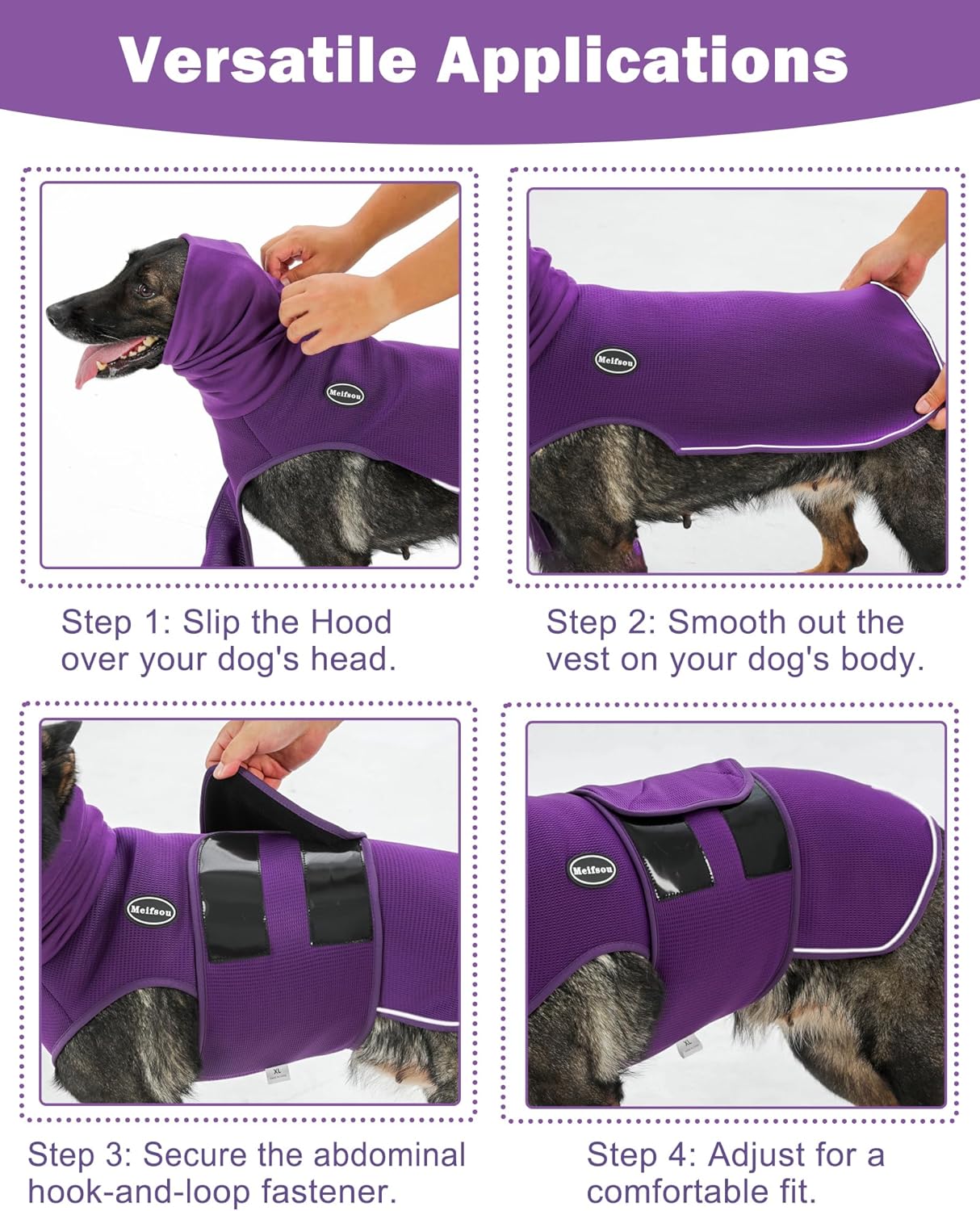 Dog Anxiety Vest with Hood, Skin-Friendly Thunder Jacket for Dogs, All-in-One Dog Calming Shirt with Hood for Thunder, Fireworks, Separation - Keep Pet Calm Without Medicine, Purple, L