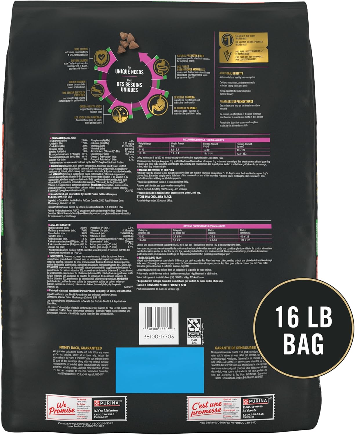 Purina Pro Plan Sensitive Skin and Stomach Dog Food Small Breed, Adult Salmon & Rice Formula - 16 lb. Bag