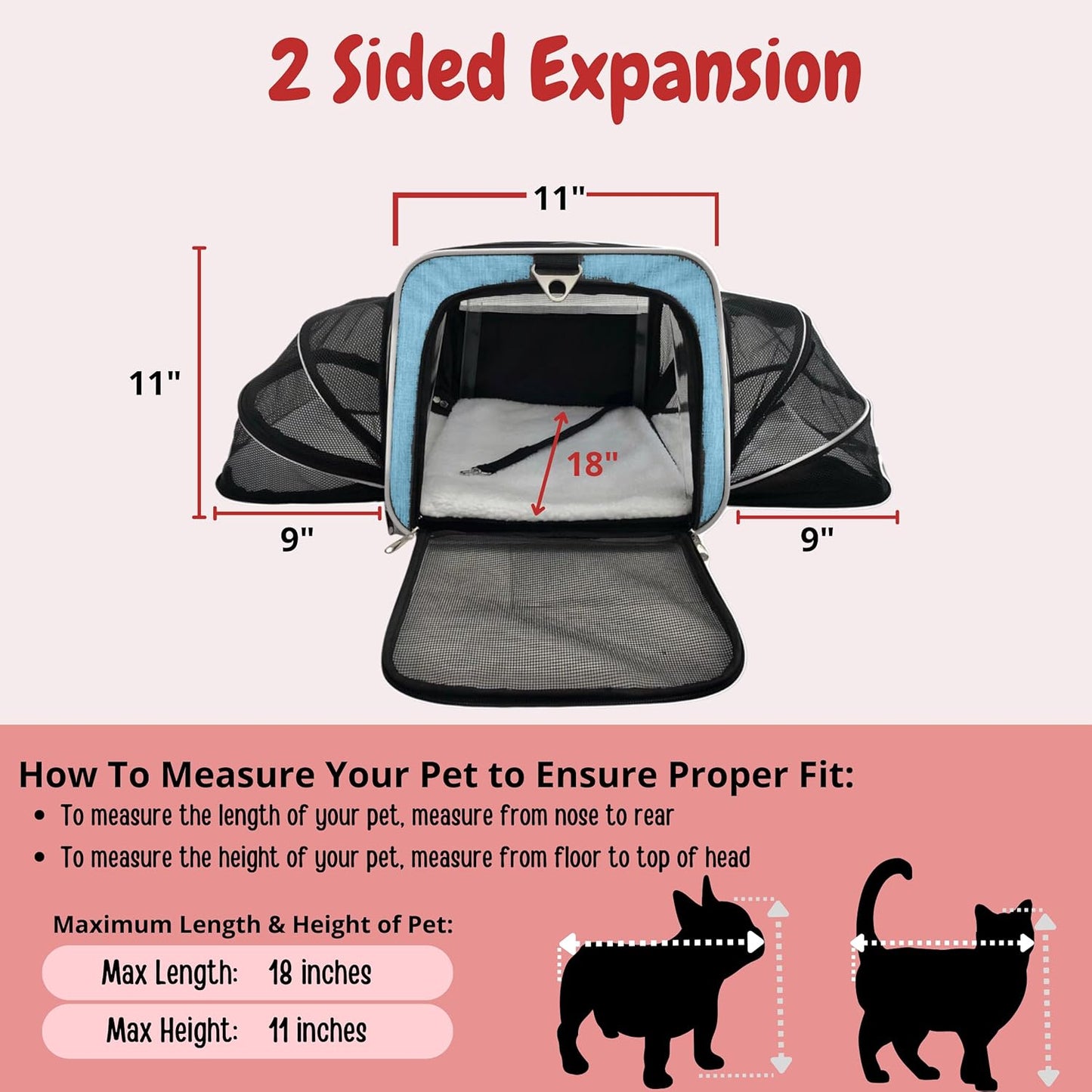 Airline Approved Expandable Premium Pet Carrier on Wheels- Two Sided Expandable Rolling Carrier- Designed for Dogs & Cats- Extra Spacious Soft Lined Carrier! - Light Blue