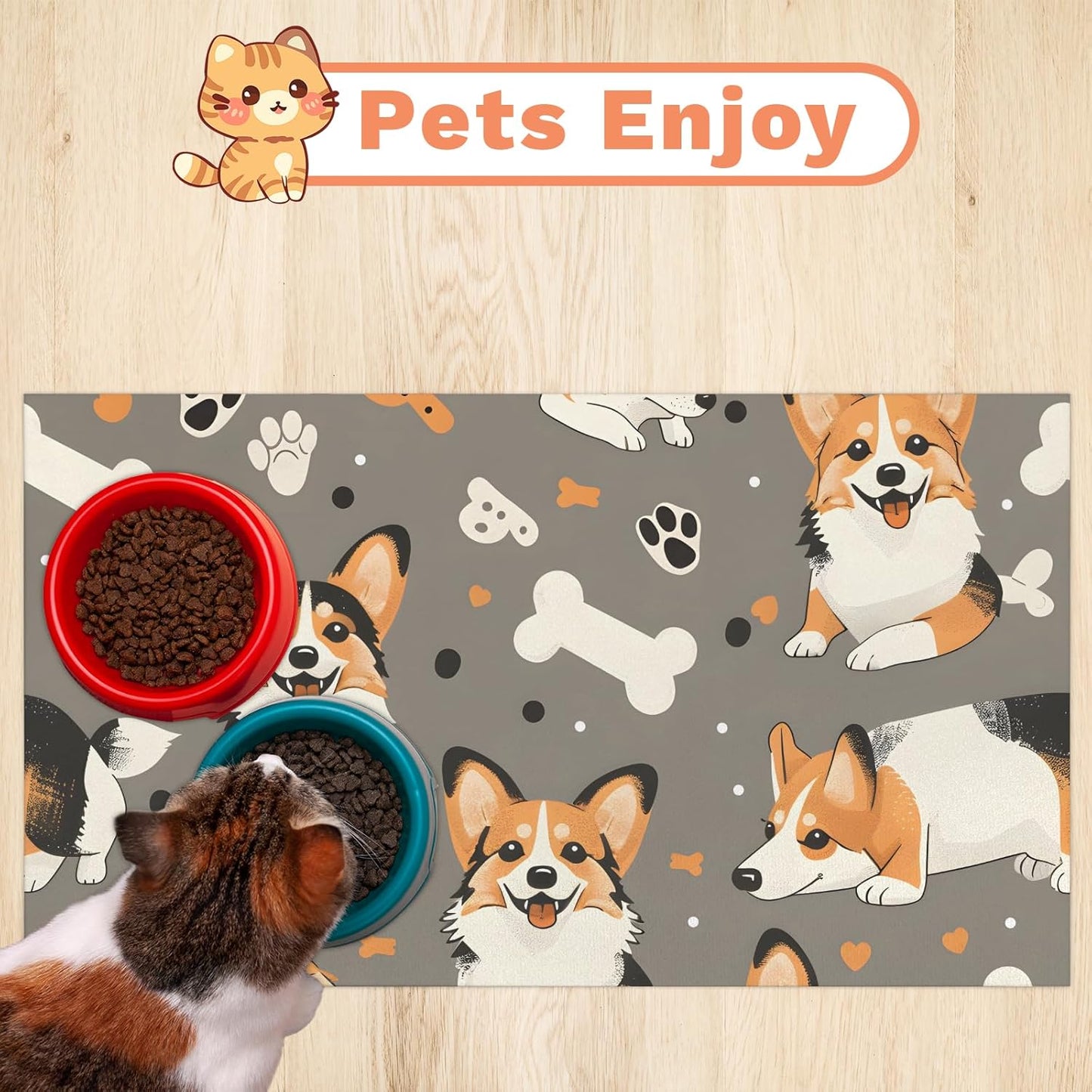 Corgi Dog Cat Food Mat,12"x20" Inches Rapid Absorbent Pet Feeding Mat,Pets Placemat Water Bowl Mats with Rubber Backing,No Stains Cat Dog Feeding Mats Indoor,Pet Accessories Supplies