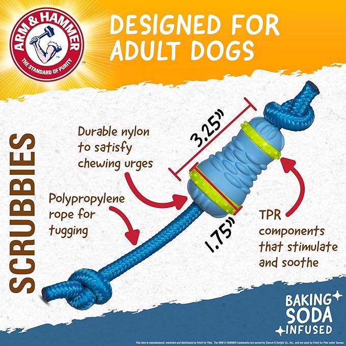 Arm & Hammer for Pets Throw N’ Tug Dental Chew Toy Infused with Baking Soda - Perfect for Aggressive Chewers, Large Dogs, and Tug of War Play - Rope Component for Tossing Fun - Dental Health Support