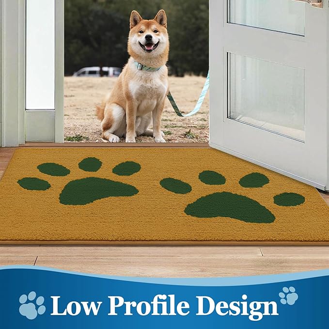 Buganda Dog Door Mat for Muddy Paws, Absorbent Dirt Trapper Washable Indoor Doormats, Non Slip Low-Profile Mud Mat for Dogs, Front Entrance Doormat for Inside Floor (30x20 Inches, Yellow and Green)
