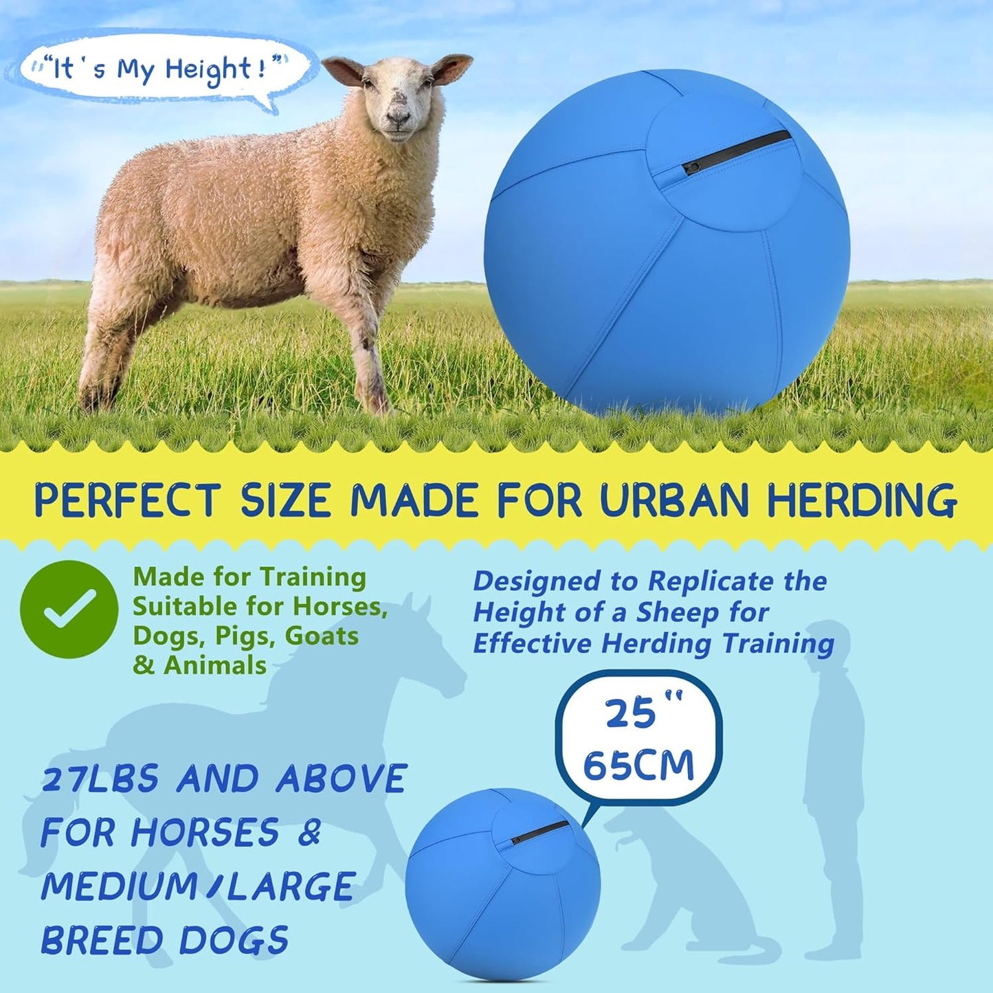 Herding Ball for Dogs - 25" Medium Herding Ball with Anti-Burst Cover and Pump, Outdoor Dog Exercise Toy for Australian Shepherd, German Shepherd, Collie (Blue)