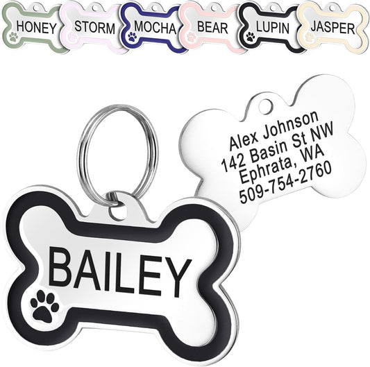 GoTags Stainless Steel Bone Dog Tag with Color Outline and Paw Print, Personalized Pet ID Tag for Dogs and Cats, Custom Engraving with up to 5 Lines of Text on Both Sides (Black, Regular)