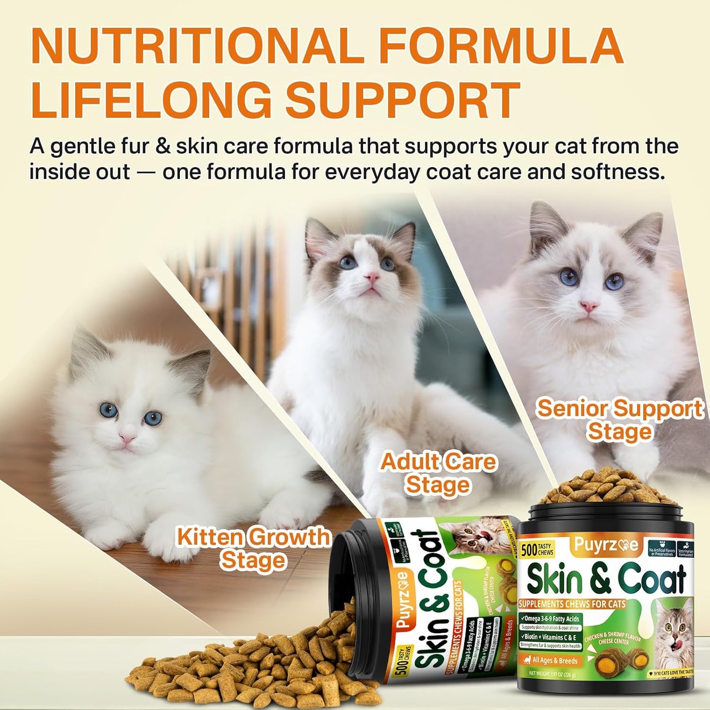Cat Skin and Coat Health - 500 Chews Crunchy & Creamy Cheese Core with Omega 3/6/9, Vitamins C & E, Biotin for Skin Hydration & Coat Shine Supplement for Cats Kittens - Chicken & Shrimp Flavor