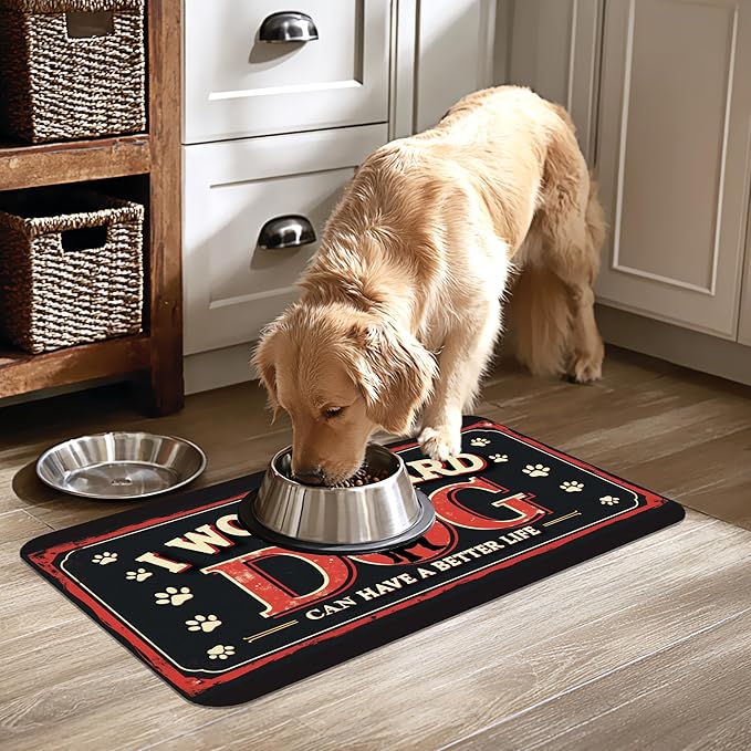 Work Hard Dog Pet Feeding Mat for Floors-Absorbent Dog Bowl Mat for Food and Water, Quick Dry Pet Cat Feeding Mats with Non Slip Bottom, Mess-Free Dog Accessories 16"x24"