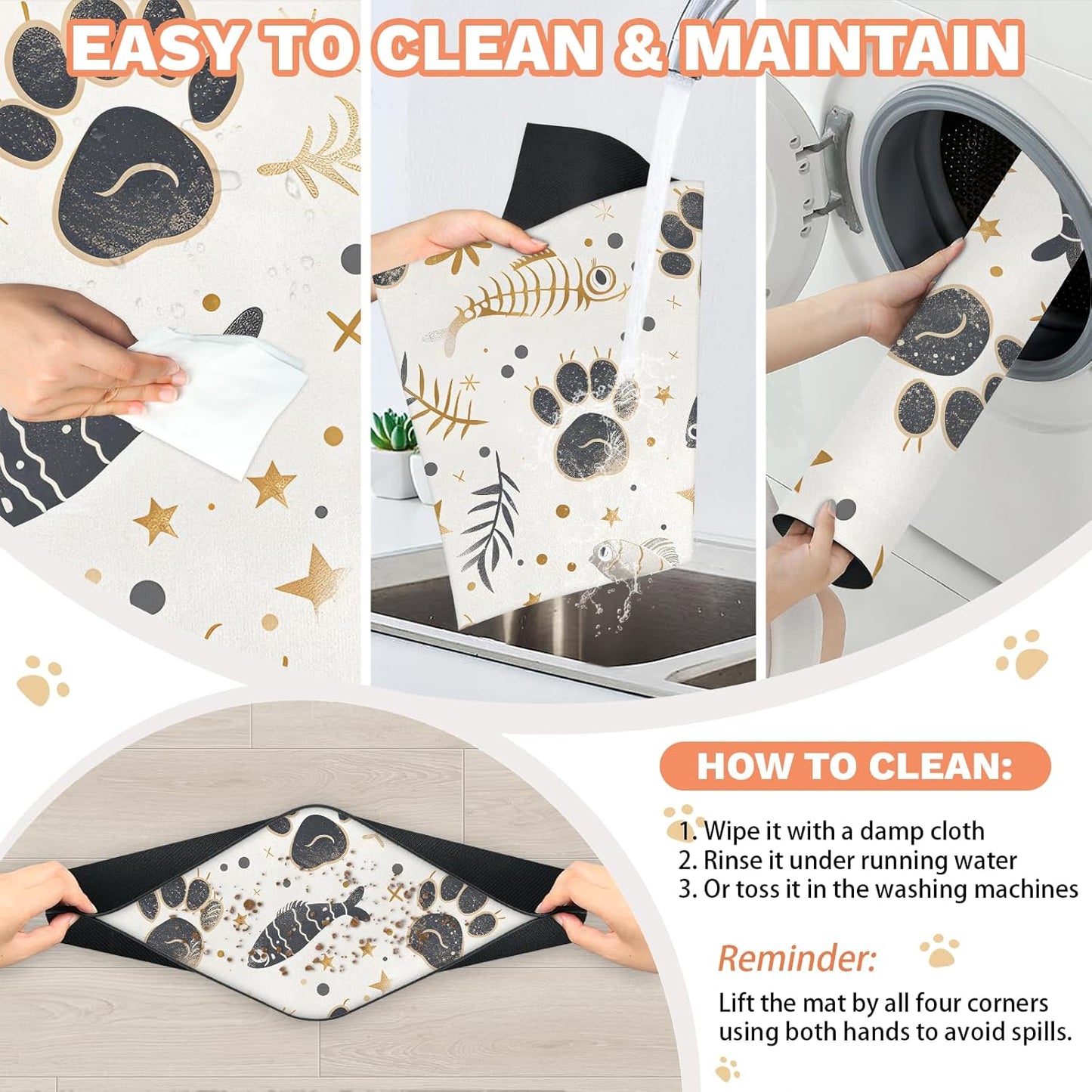 Dog Cat Food Mat,12"x20" Inches Rapid Absorbent Pet Feeding Mat,Pets Placemat Water Bowl Mats with Rubber Backing,No Stains Cat Dog Feeding Mats Indoor,Pet Accessories Supplies,Cats Paw