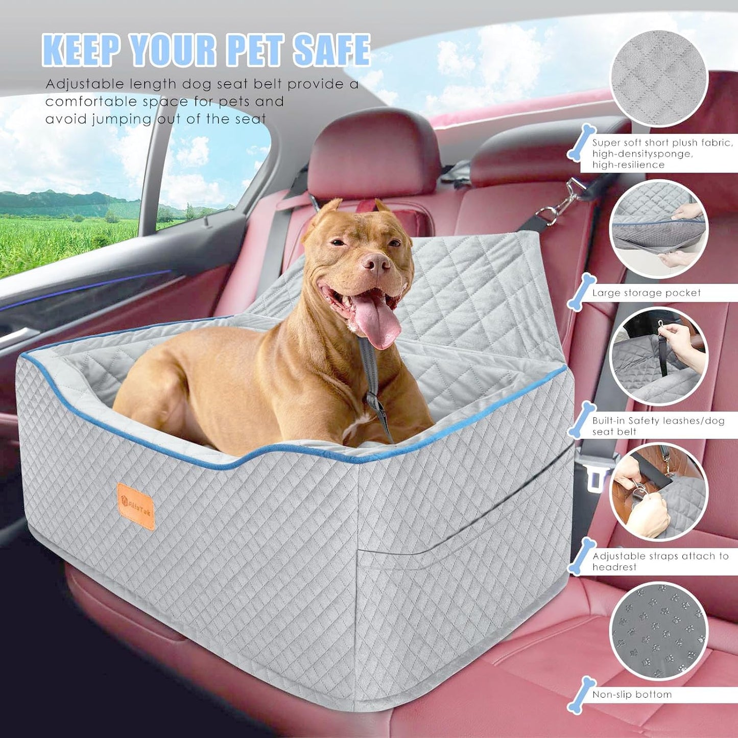 Dog Car Seat Large Size Dog, Washable Large Dog Car Seat, Detachable Memory Foam Pet Car Seat, Dog Booster Car Seat for Large Dogs 60 lbs, with 2 Dog Seat Belt and Dog Blankets