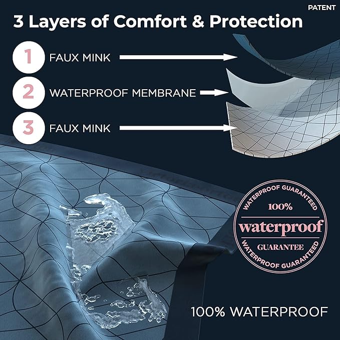 Waterproof Dog Blanket for Bed – 90x90 Inch King/Queen Size – Pet Hair Resistant Blanket for Small to Large Dogs – Washable, Leakproof, Reversible Bedspread for Bed Protection – Blue/White