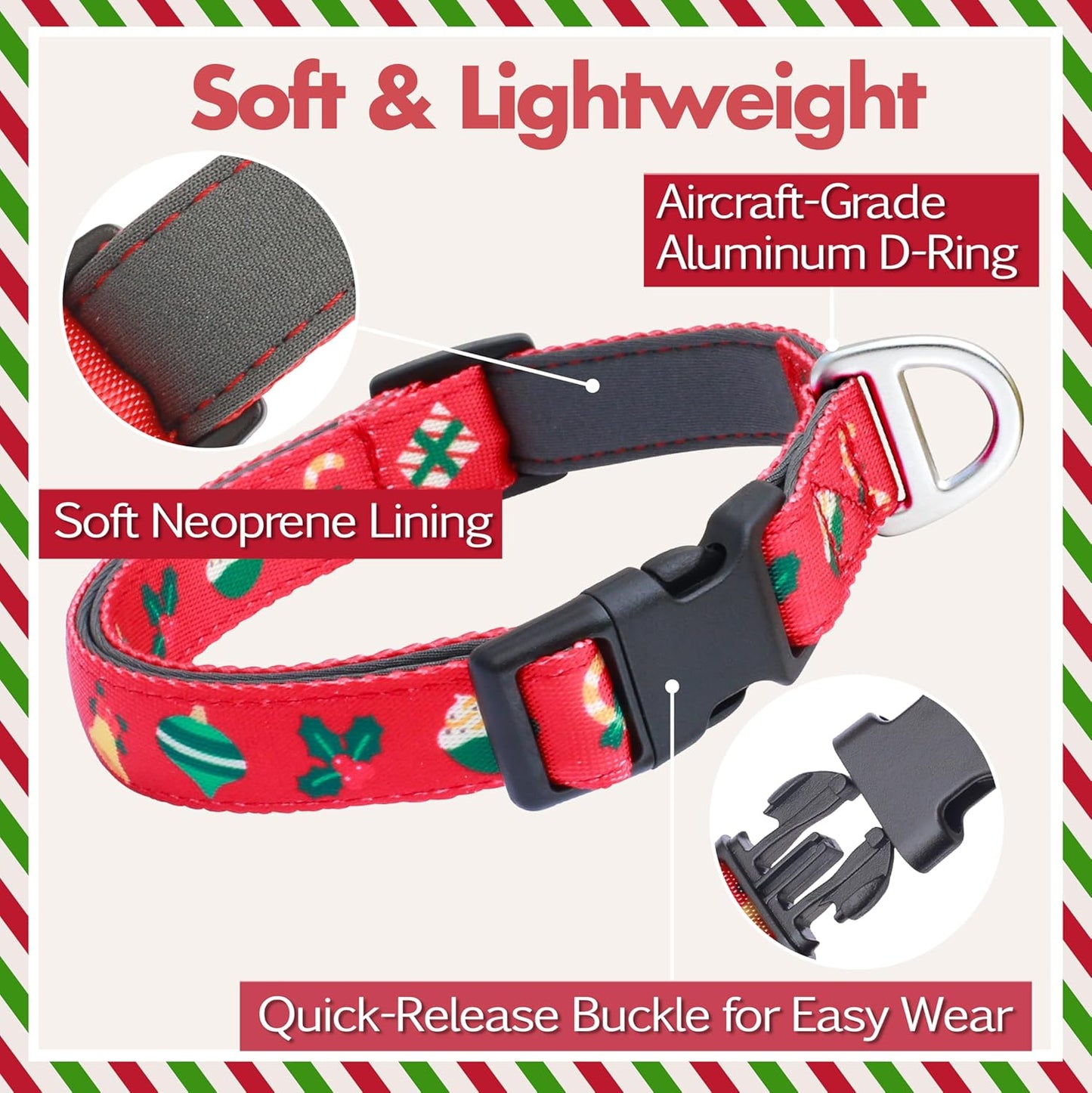 Christmas Dog Collar, Cute Holiday Red Collars for Girl & Boy, Reflective,Soft Padded Neoprene,Fully Adjustable,Durable & Lightweight Medium Dog Collar, (Christmas, M)