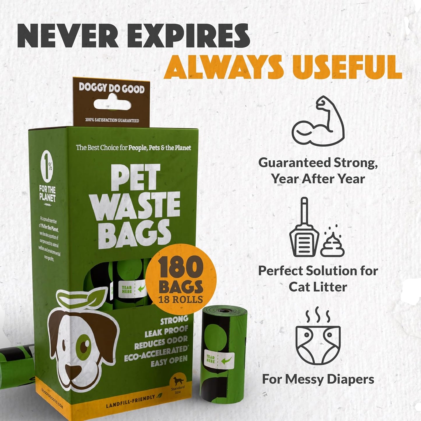 Doggy Do Good Landfill-Friendly Poop Bags | Dog Waste Bags Made with 50% Recycled Plastic + 15% Biobased Material | Unscented, Thick, Leak-Proof, Easy Open | Standard Size | 180 Count