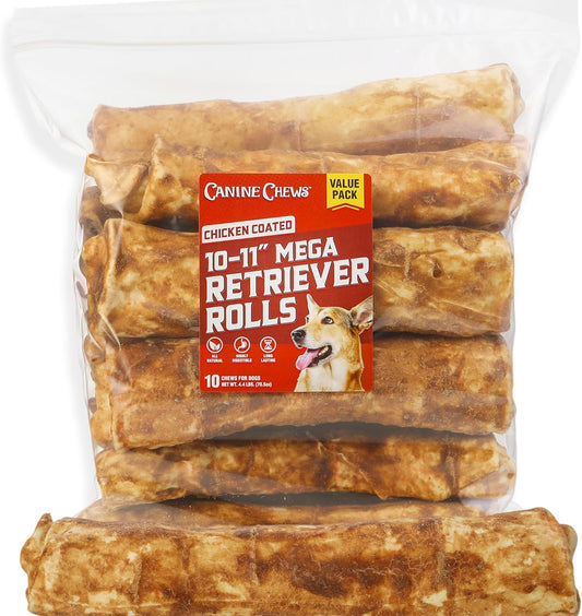 Canine Chews 10-11" Chicken-Coated MEGA Retriever Rolls (10 Pack) Natural Rawhide for Big Dogs - Long-Lasting Dog Chew Treats for Aggressive Chewers - Odor-Free - Extra-Large