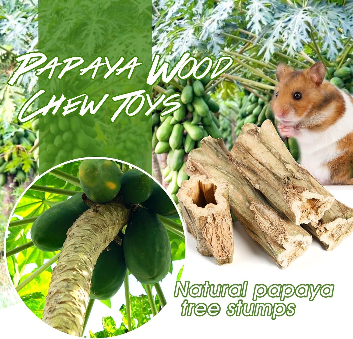 Abizoo Rabbit chew Toys for Bunnies,4 Pcs Natural Papaya Wood Chew Sticks Bunny Chews for Teeth Chinchilla Guinea Pig Hamster Gerbil Degu Small Animals to Keep Busy Molar Treats Toys