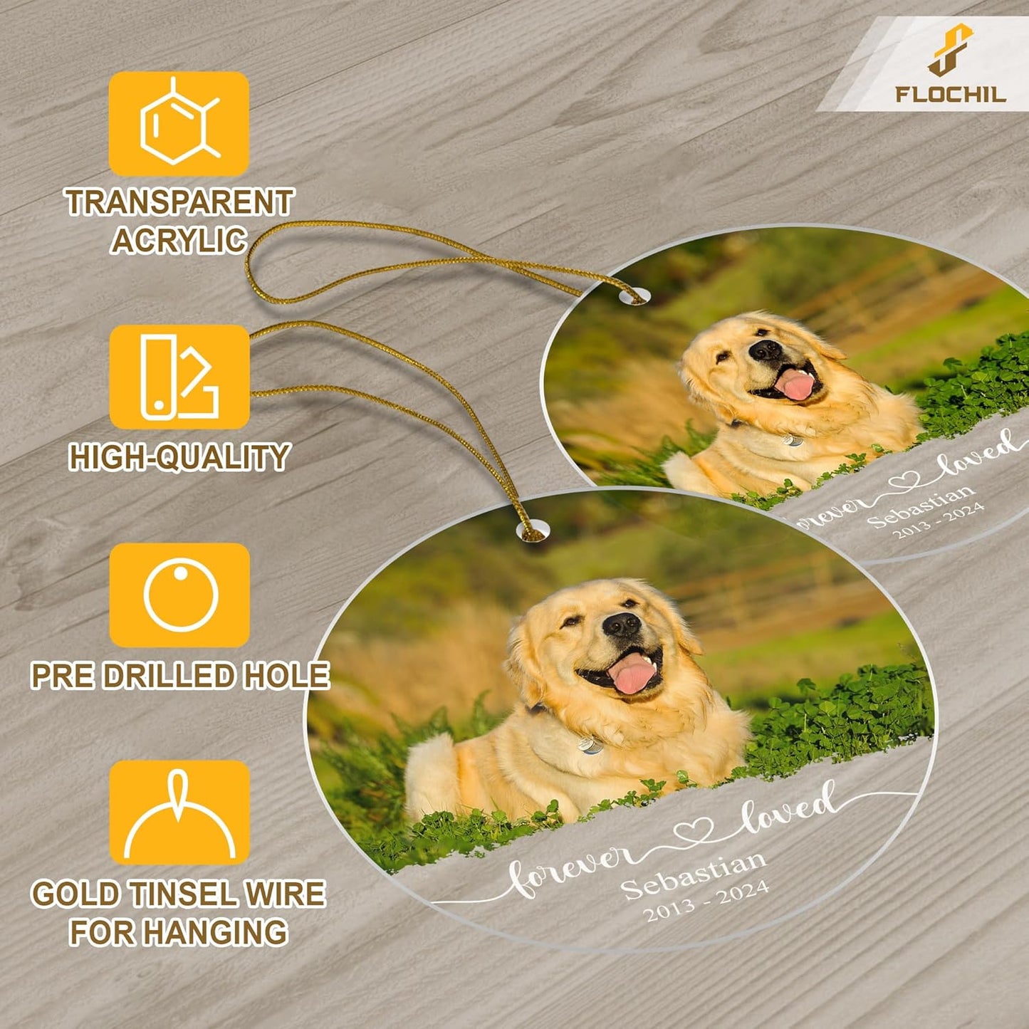 FLOCHIL Personalized Dog Memorial Christmas Ornaments, Custom Dog Christmas Ornaments with Name Photo, Pet Memorial Ornament, Gift for Pet Lovers