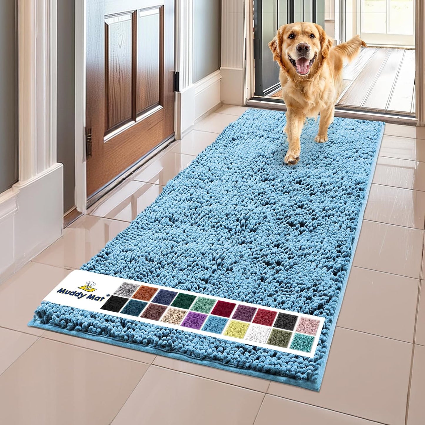 Muddy Mat® Original Dog Door Mat for Muddy Paws, Super Absorbent Microfiber, Non-Slip Washable Pet Rug, Quick Dry Chenille Entryway Carpet, Machine Washable Indoor Outdoor mat, Sky Blue 24"x60"