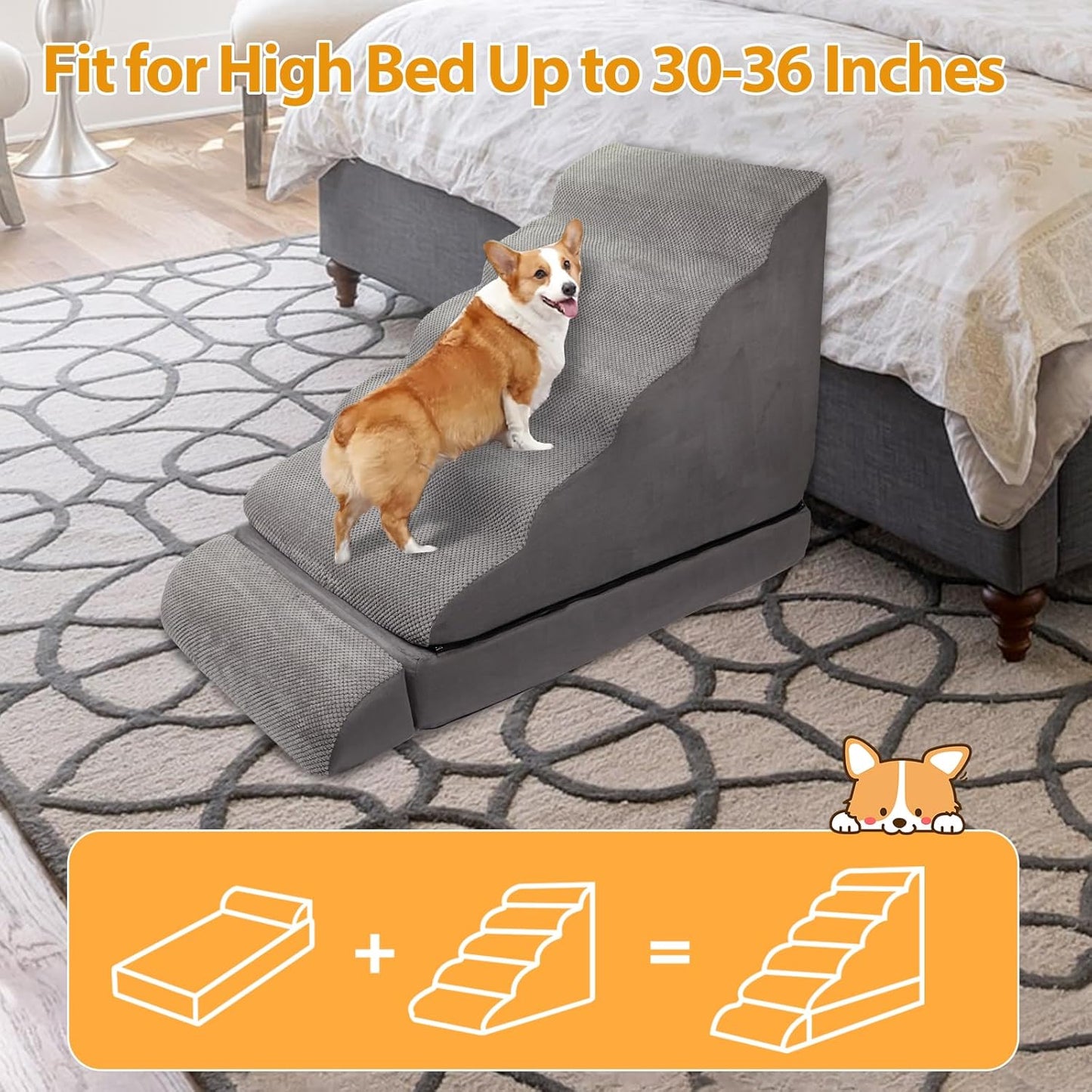 Dog Stairs/Steps for High Beds up to 30-36 inches, A.FATI 6 Step Foam Pet Steps for Small Dogs/Old Pets, 30" H Non-Slip Dog Ramp for Bed, Grey