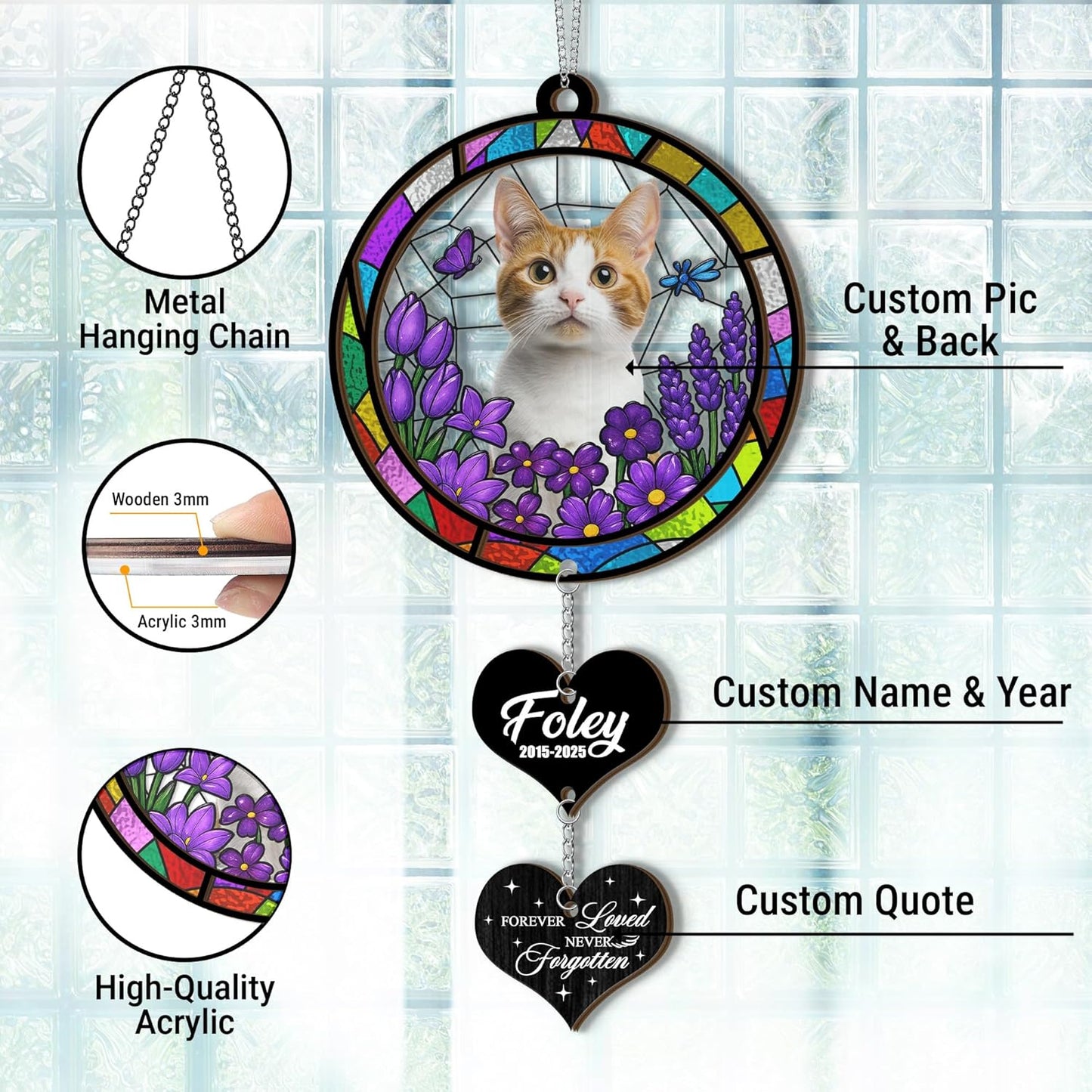 Custom Pet Memorial Gifts with Unique Design | Custom Pet Loss Gifts for Furry Friends | Round Stained Glass Cat Suncatcher with Charms | Personalized Cat Loss Sympathy Gift for Pets Owners