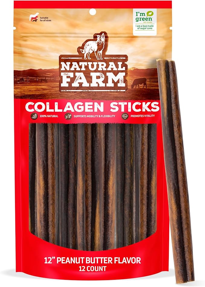 Natural Farm Peanut Butter Stuffed Collagen Sticks for Dogs (12 Inch, 12-Pack), Rawhide-Free Collagen Sticks, Natural Dog Chews, Long Lasting, for Small, Medium and Large Dogs
