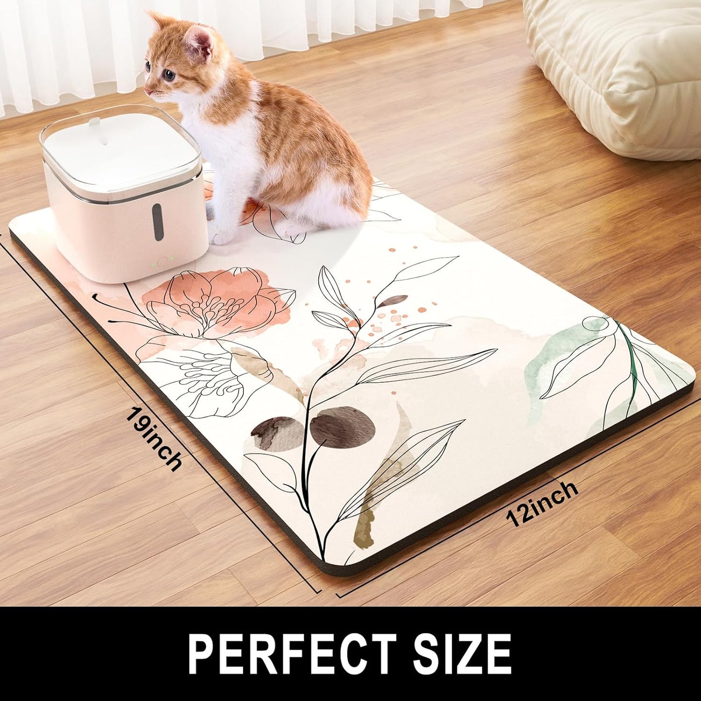 Dog Food Mat, 12" x 19" Absorbent Dog Cat Bowl Mat for Food and Water, Cute Anti-Slip Rubber Pet Feeding Rug Protect Floors, Placemat for Feeding & Watering Supplies, Watercolor Flowers