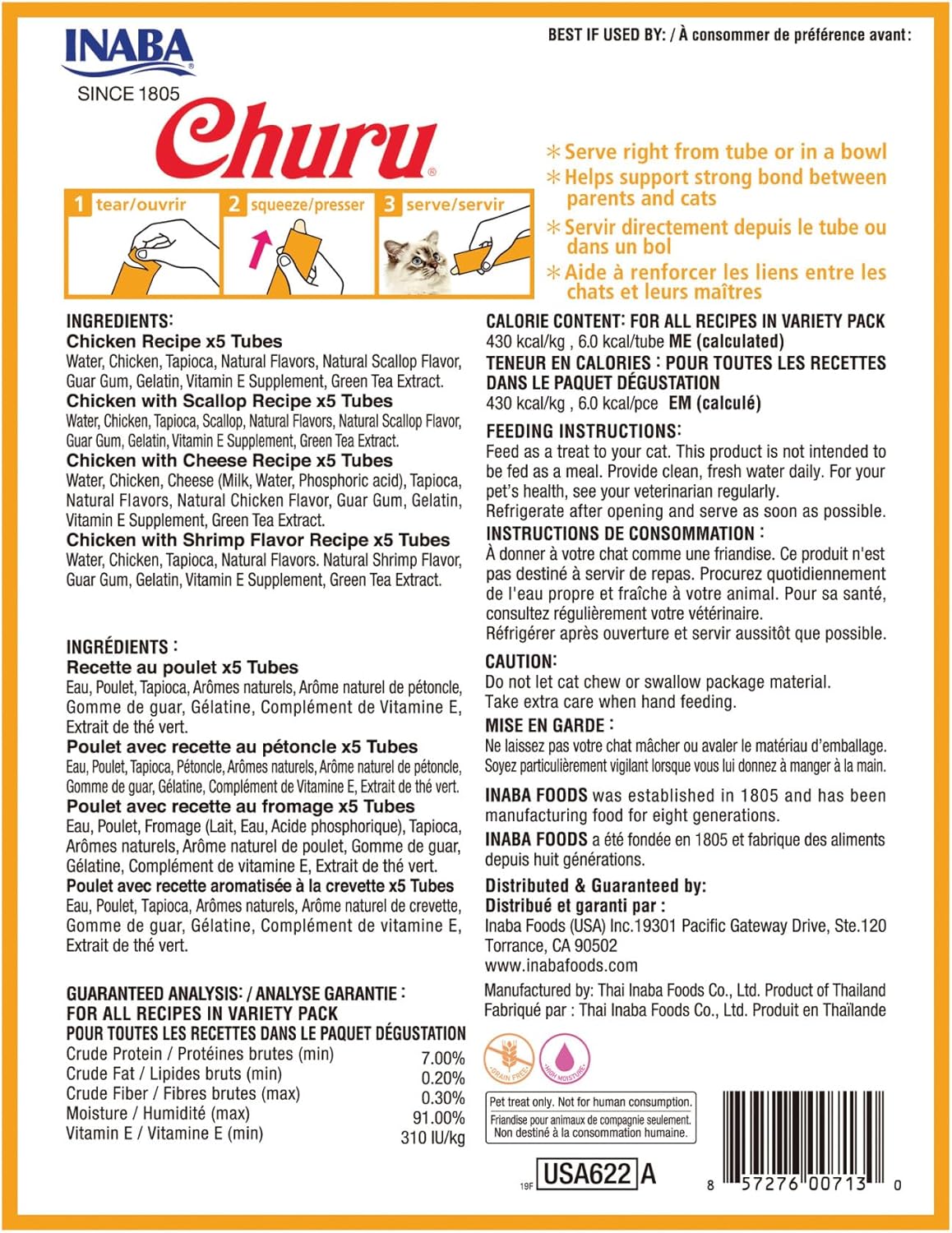 INABA Churu Cat Treats, Grain-Free, Lickable, Squeezable Creamy Purée Cat Treat/Topper with Vitamin E & Taurine, 0.5 Ounces Each Tube, 20 Tubes, Chicken Variety