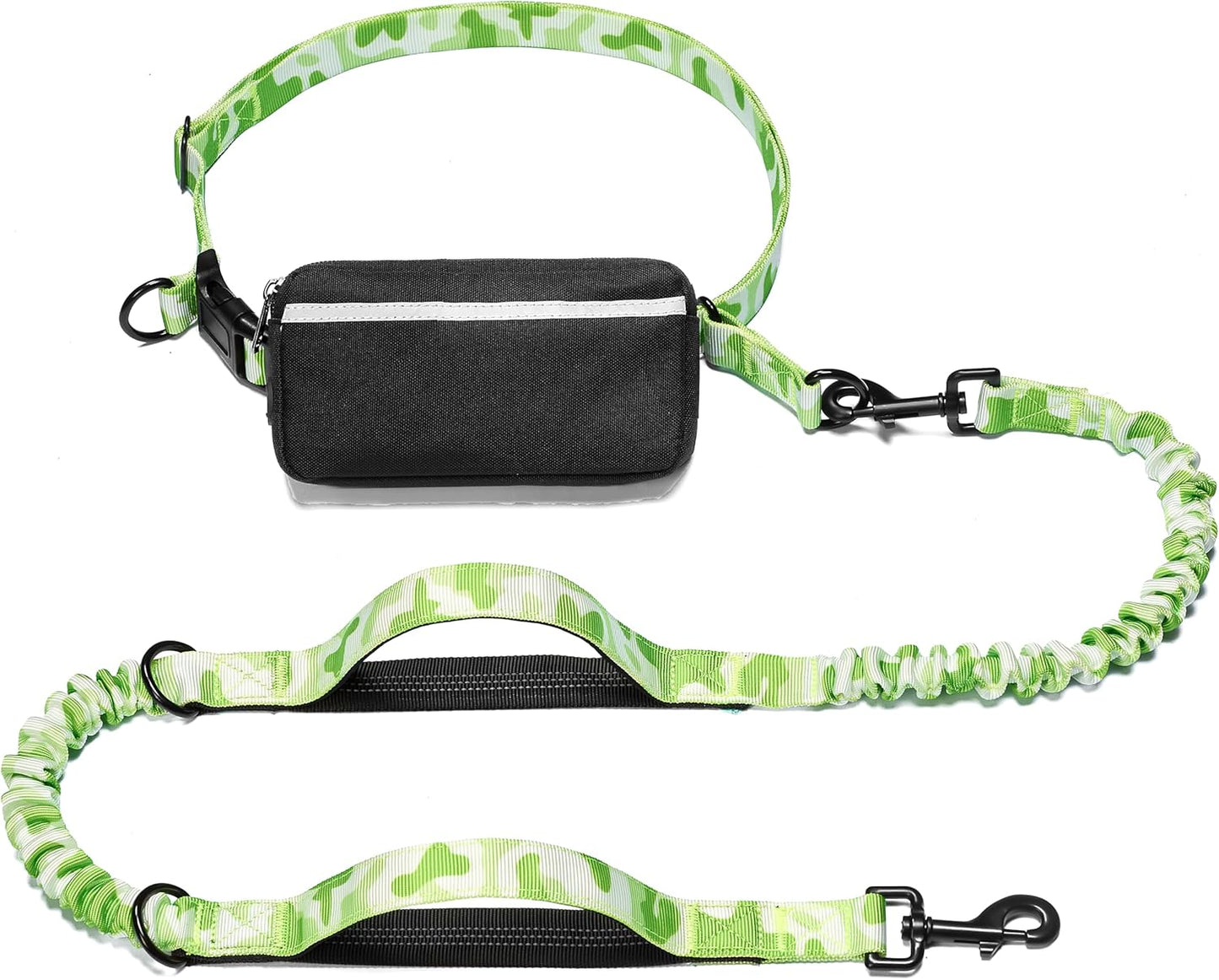 iYoShop Hands Free Dog Leash with Zipper Pouch, Dual Padded Handles and Durable Bungee for Walking, Jogging and Running Your Dog (White-Green Mix, Large)