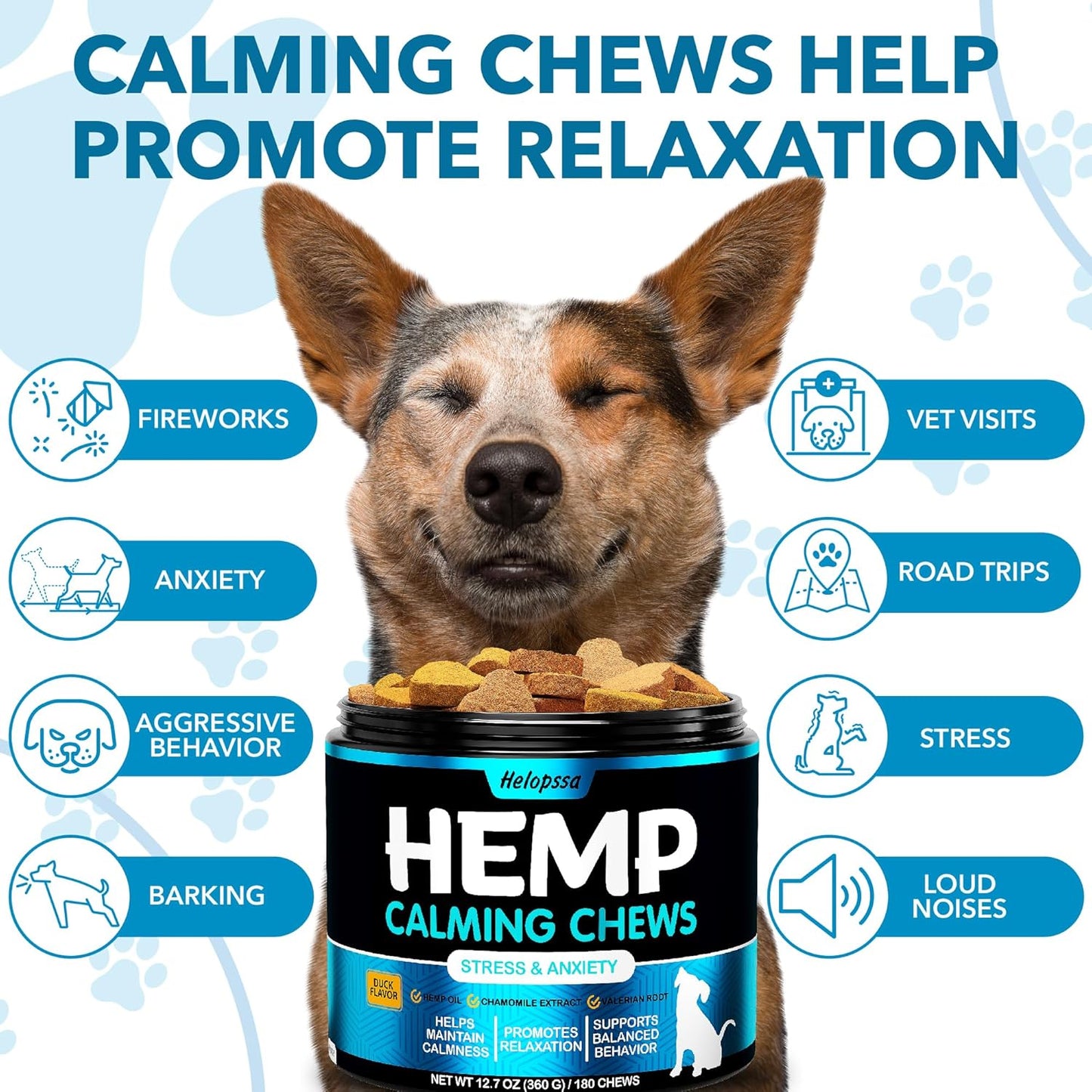 Hemp Calming Chews for Dogs with Anxiety and Stress - 180 Soft Dog Calming Treats - Dog Anxiety Relief - Storms, Fireworks, Thunder, Barking, Separation Aid - Valerian Root - L-Tryptophan - Hemp Oil
