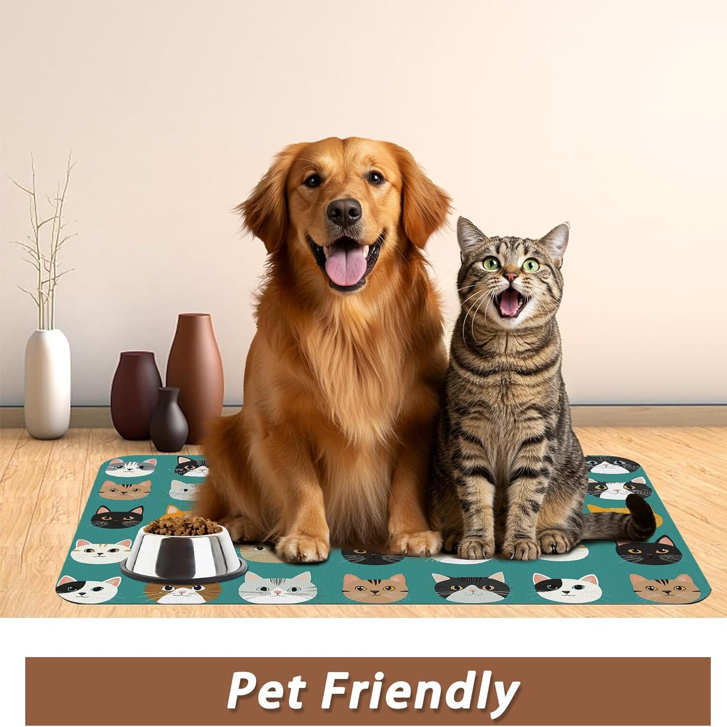 Cute Cat Dog Food Mat,Absorbent Pet Feeding Mat with Rubber Backing,Non-Slip Water Bowl Placemat,Indoor Pet Accessories Supplies 16"x24"