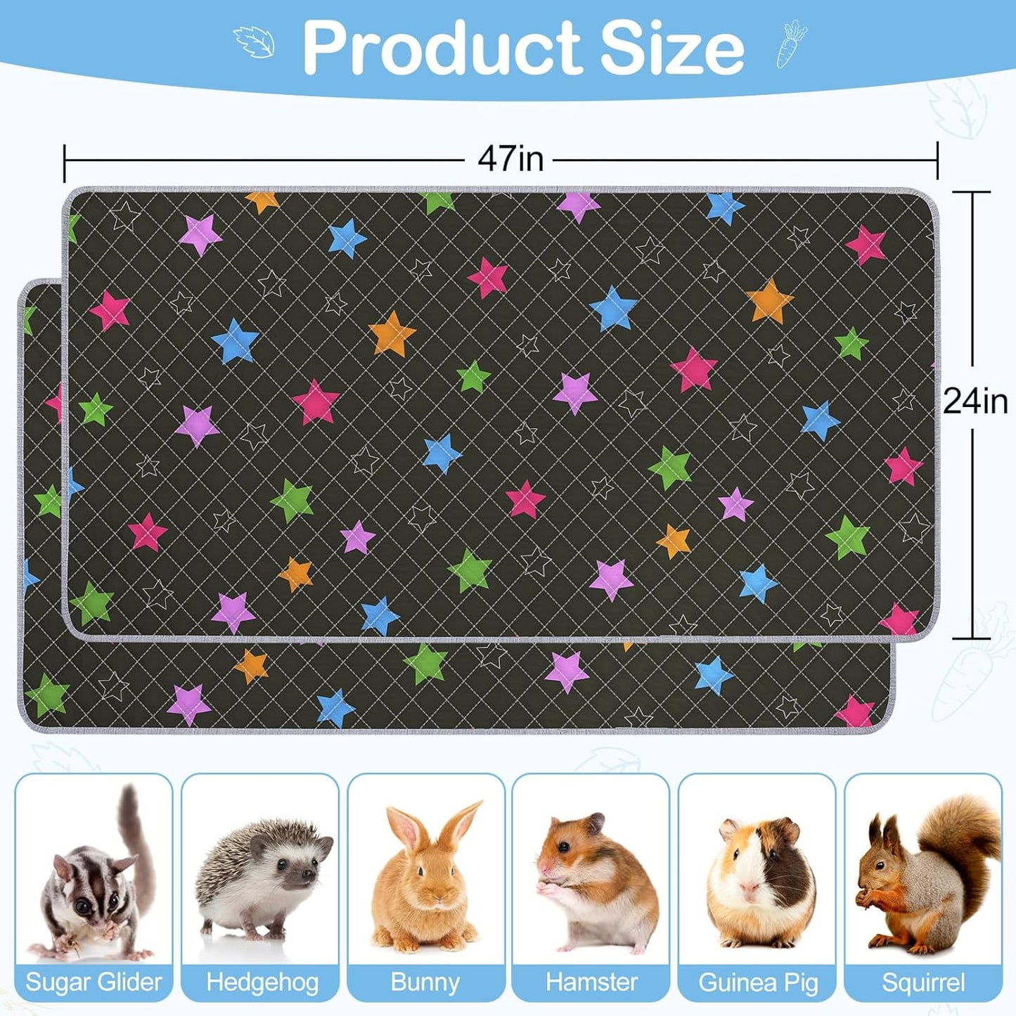 Bienbee Guinea Pig Bedding, 2 Pack 47" x 24" Reusable Guinea Pig Cage Liner Waterproof and Absorbent Small Animal Bedding Washable Guinea Pig Pee Pads for Small Pet Hamster Rabbit Squirrel, Black