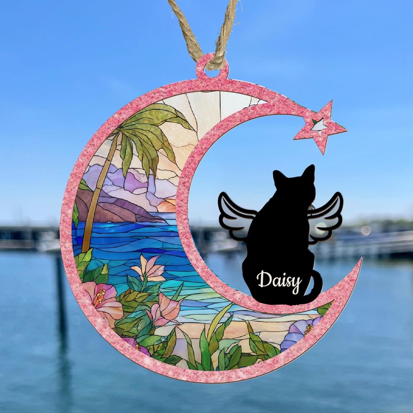 Personalized Cat Memorial Suncatcher – Crescent Moon Pet Loss Ornament with Mountains, Flowers & Angel Wings – Custom Cat Bereavement Gift for Window, or Car Mirror Display – Rainbow Bridge Keepsake