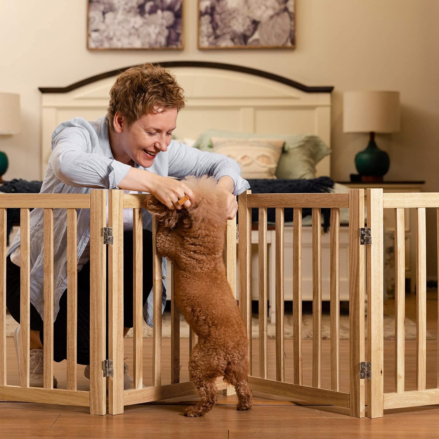 LZRS 4-Panel Wooden Free Standing Foldable Dog Gate Indoor – 24" High, Extra Wide Step-Over Safety Pet Gate for Doorways, Stairs, Hallways, Large Spaces & Playpen for Puppies Indoor Use, Natural