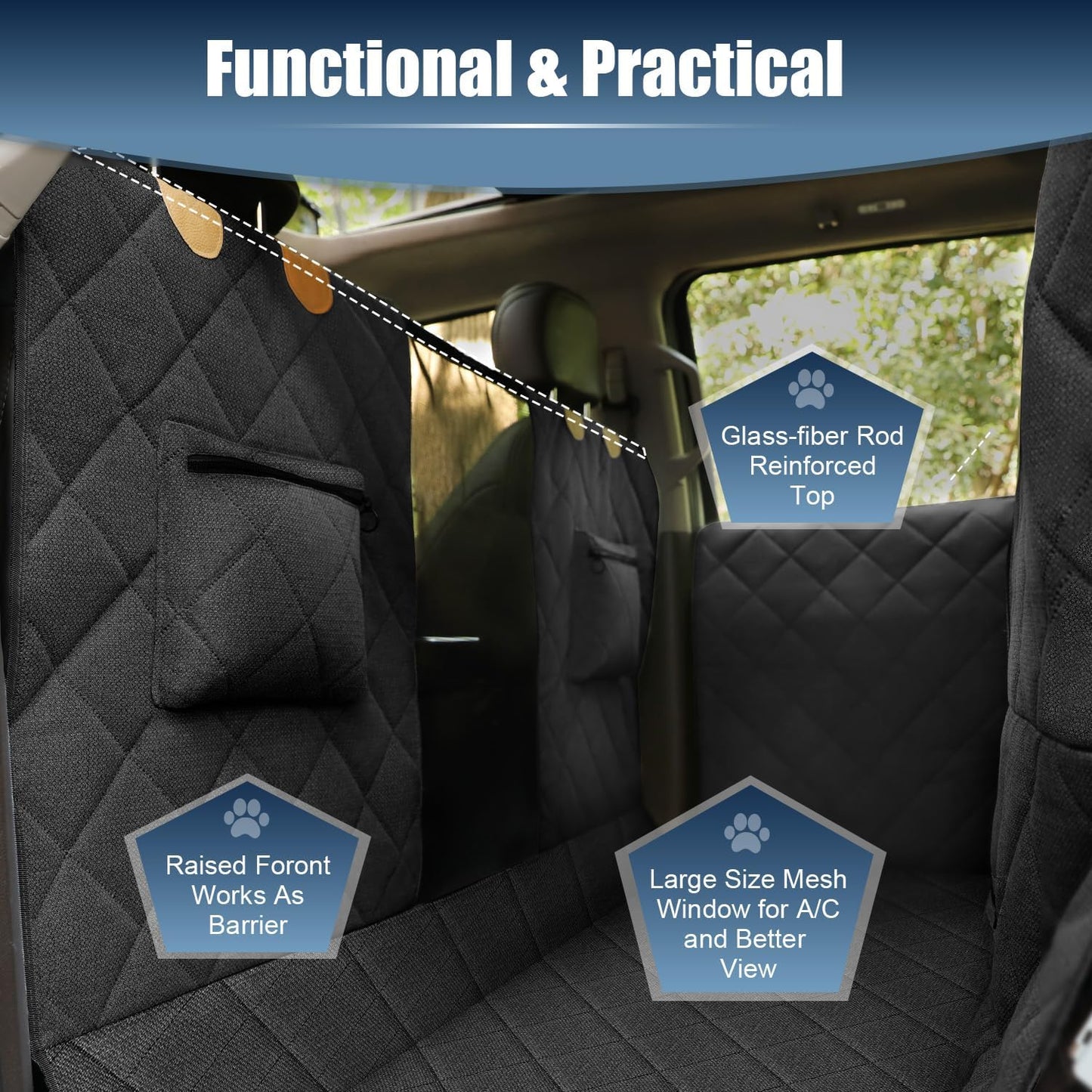 Large Back Seat Extender for Dogs, Paw-Proof & Waterproof Pet Seat Cover with Door Protection for Full-Size Crewcab Trucks, Dog Hammock Reinforced with Glass-Fiber Rods