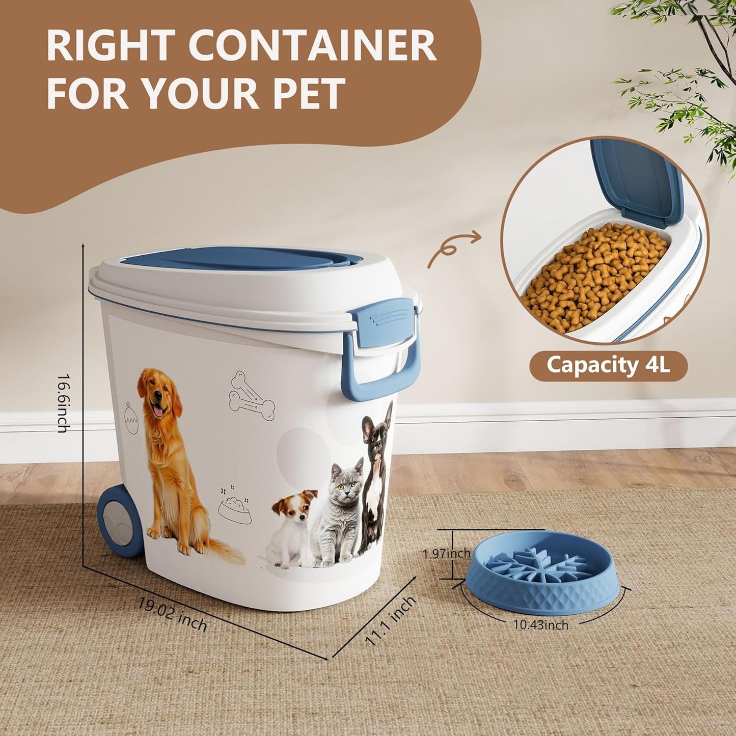 Pet Food Storage Container with Wheels Resin 40LB Capacity Dog Food Container with Slow Feeder Bowl and Scoop Easy to Move to Keep Food Fresh for Dogs, Cats, Birds