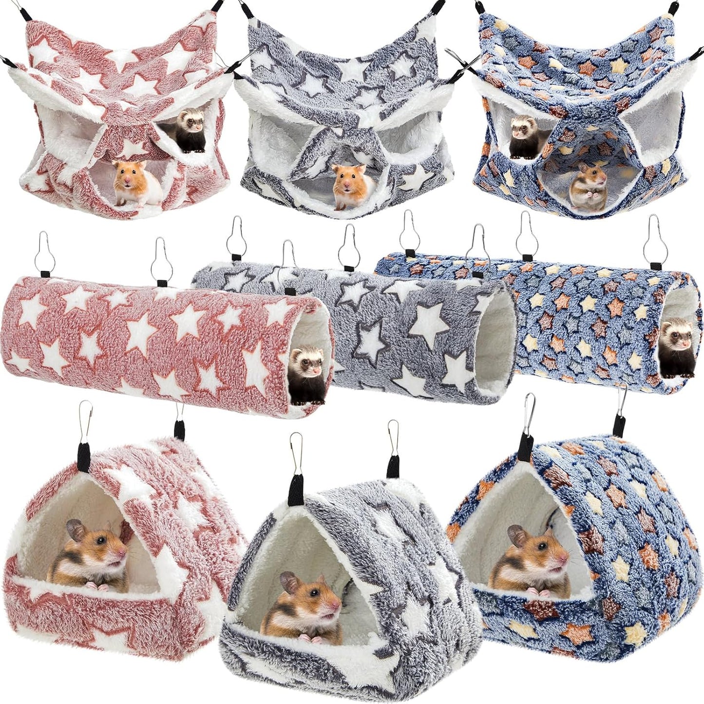 Abbylike 9 Pieces Rat Hammock 3 Tier Guinea Pig Ferret Hammocks Small Pet Hanging Tunnel Glider Toy Guinea Pig Ferret Hideout Bed Cage Accessories for Hamster(Navy,Grey,Pink,Star)