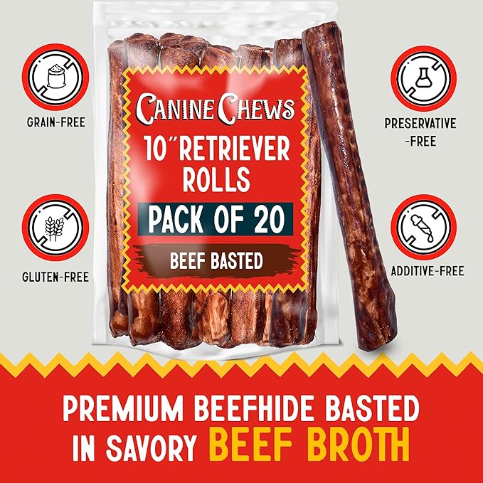Canine Chews 10" Beef Basted Rawhide Bones for Large Dogs - 20 Pack - Hand-Rolled Dog Chews Basted in Beef Broth - Promotes Dental Health