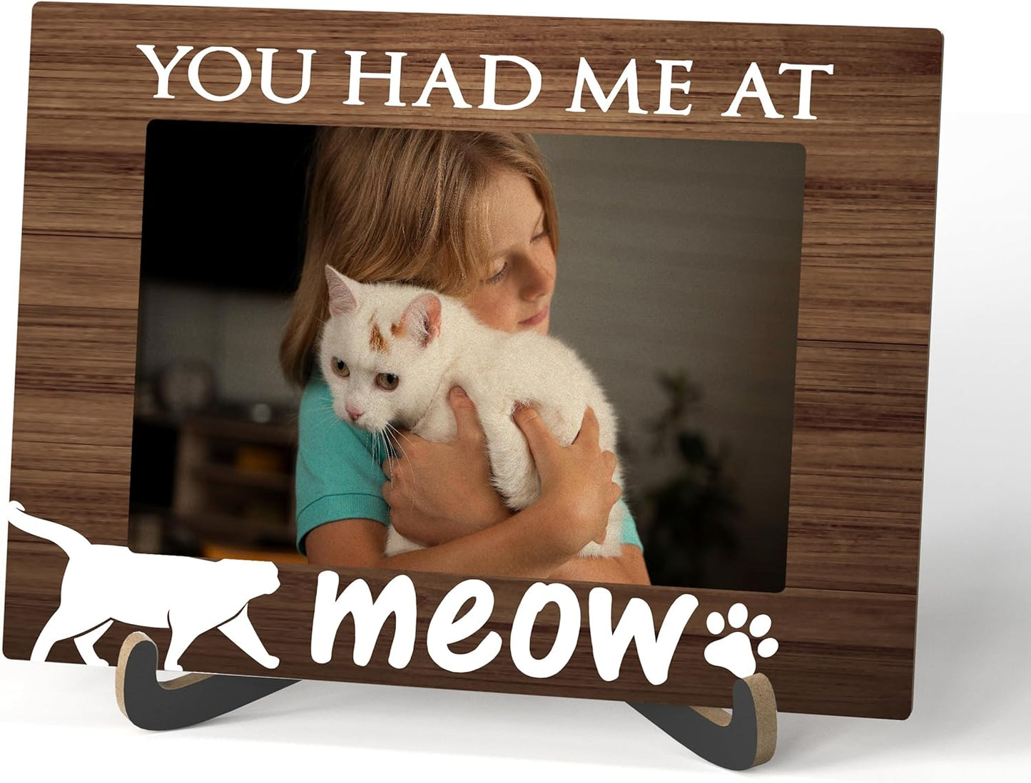 Pet Photo Frame - You Had Me At Meow Wooden Tabletop Picture Frame With Stand - Best Cat Ever Photo Frame - I Love My Cat Gifts - Cat Frame Gifts For Cat Lover -57