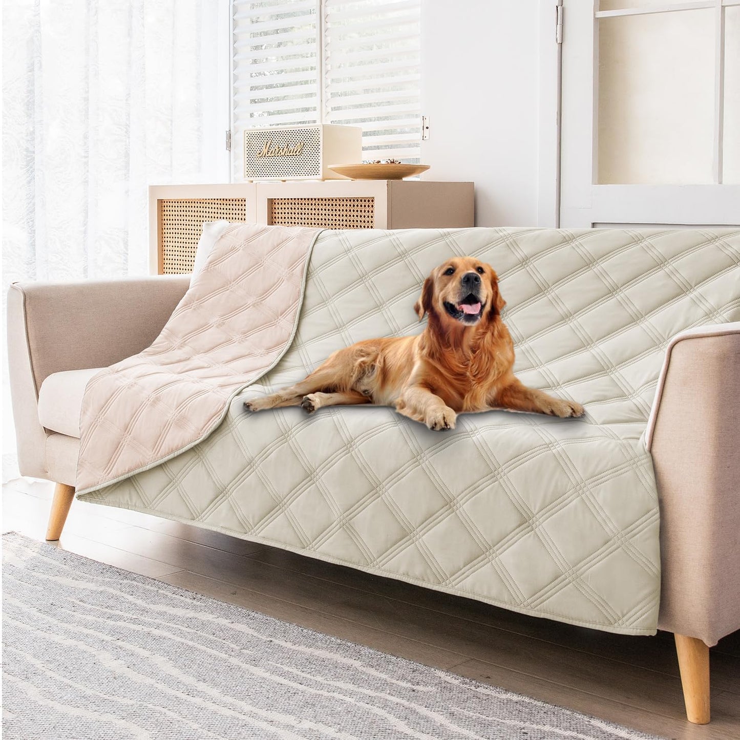 fuguitex Waterproof Dog Blanket Reversible for Small Dogs Resistant Leakproof Washable Couch Cushion Bed Protector Cover for Indoor Furniture Pet Friendly（68"*82",Baby Pink+Cream