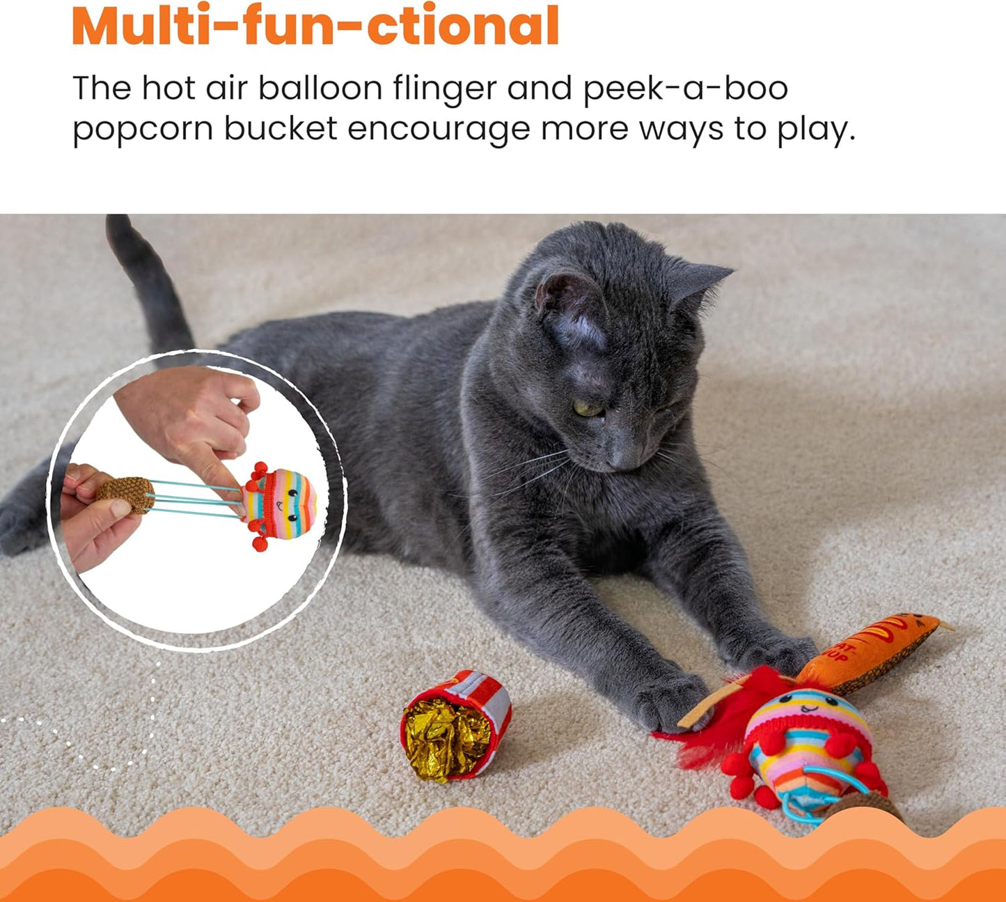 Catstages Pawrty Cat Toys, 3-Pack Catnip Plush Toys with Crinkle, Feathers & Flinger, Multicolored