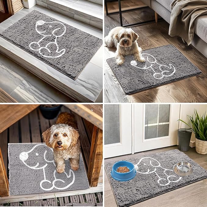 Muddy Mat® Lazy Dog Door Embroidery Mat Super Absorbent Microfiber Indoor Outdoor mat for Muddy Paws, Non-Slip Washable Pet Rug, Quick Dry Chenille Entryway Carpet, Machine Washable – Grey 19”x30”